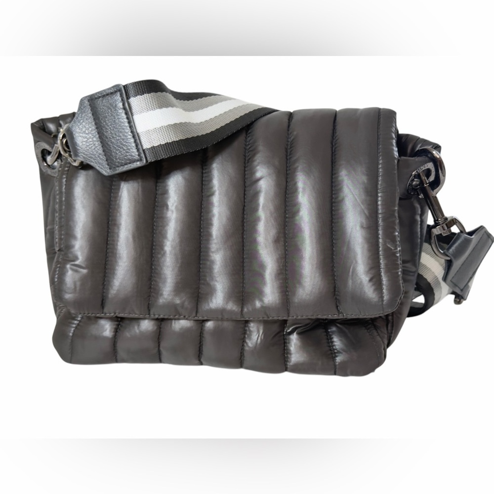 Think Royln Foil Quilted Crossbody Bag in Black - Detachable Webbing Strap NEW
